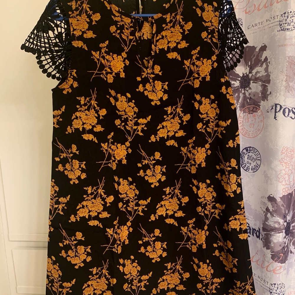 Black and gold floral dress with lace cap sleeves